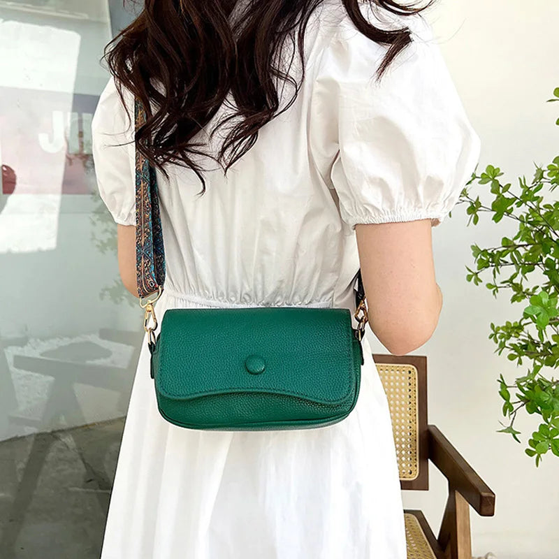 Wide Strap PU Leather Crossbody Bag - Small Flap Shoulder Purse