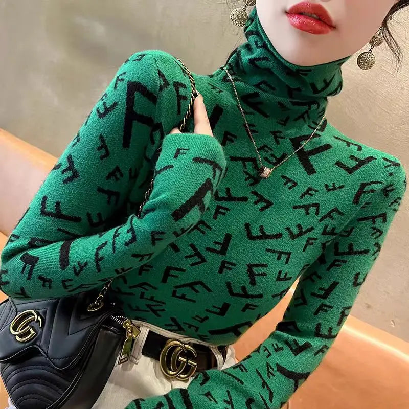 Letter Knit Half High Collar Sweater - Slim Autumn Winter Pullover