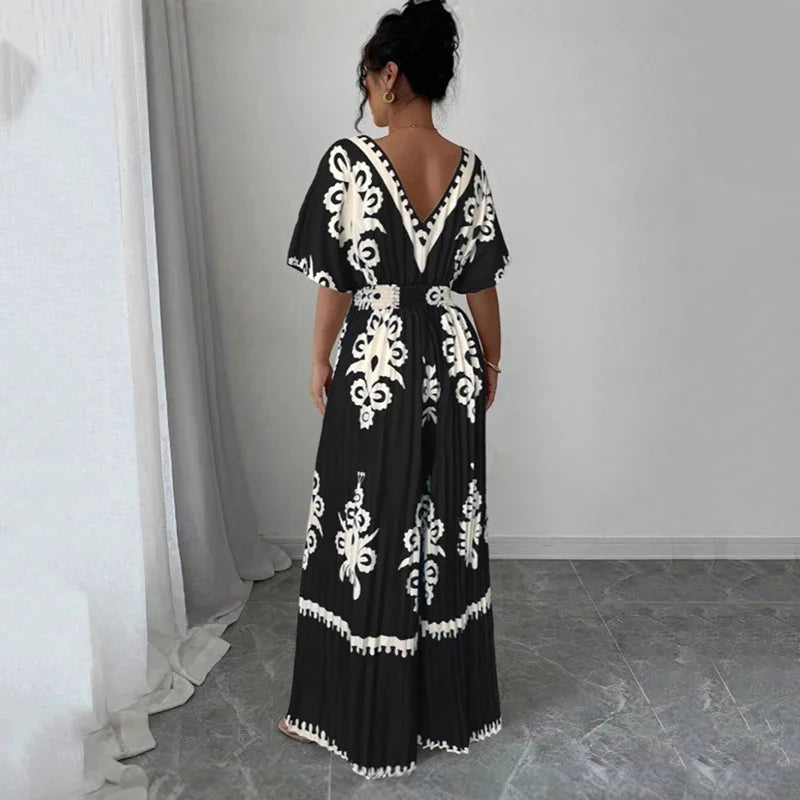 Deep V Backless Wide Leg Jumpsuit - Printed High Waist Outfit