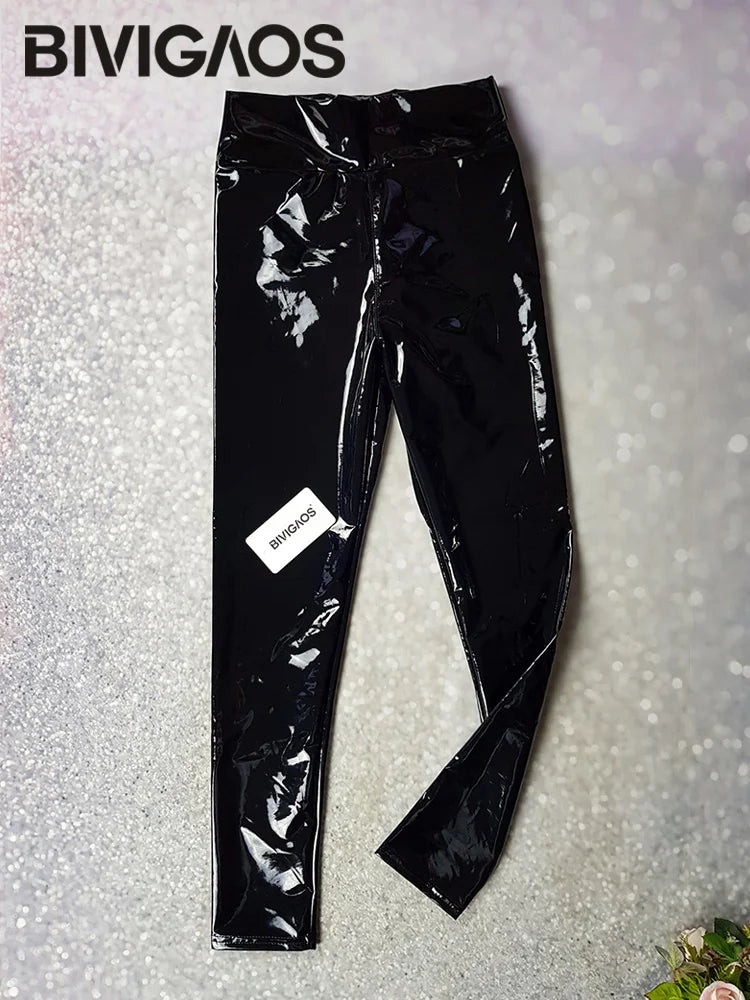 Mirror Faux Leather Leggings - Shiny High Waist Slim Pants