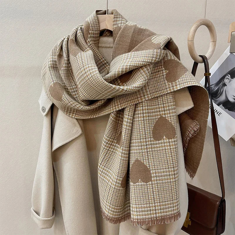 Double Side Heart Plaid Scarf - Thick Warm Winter Shawl