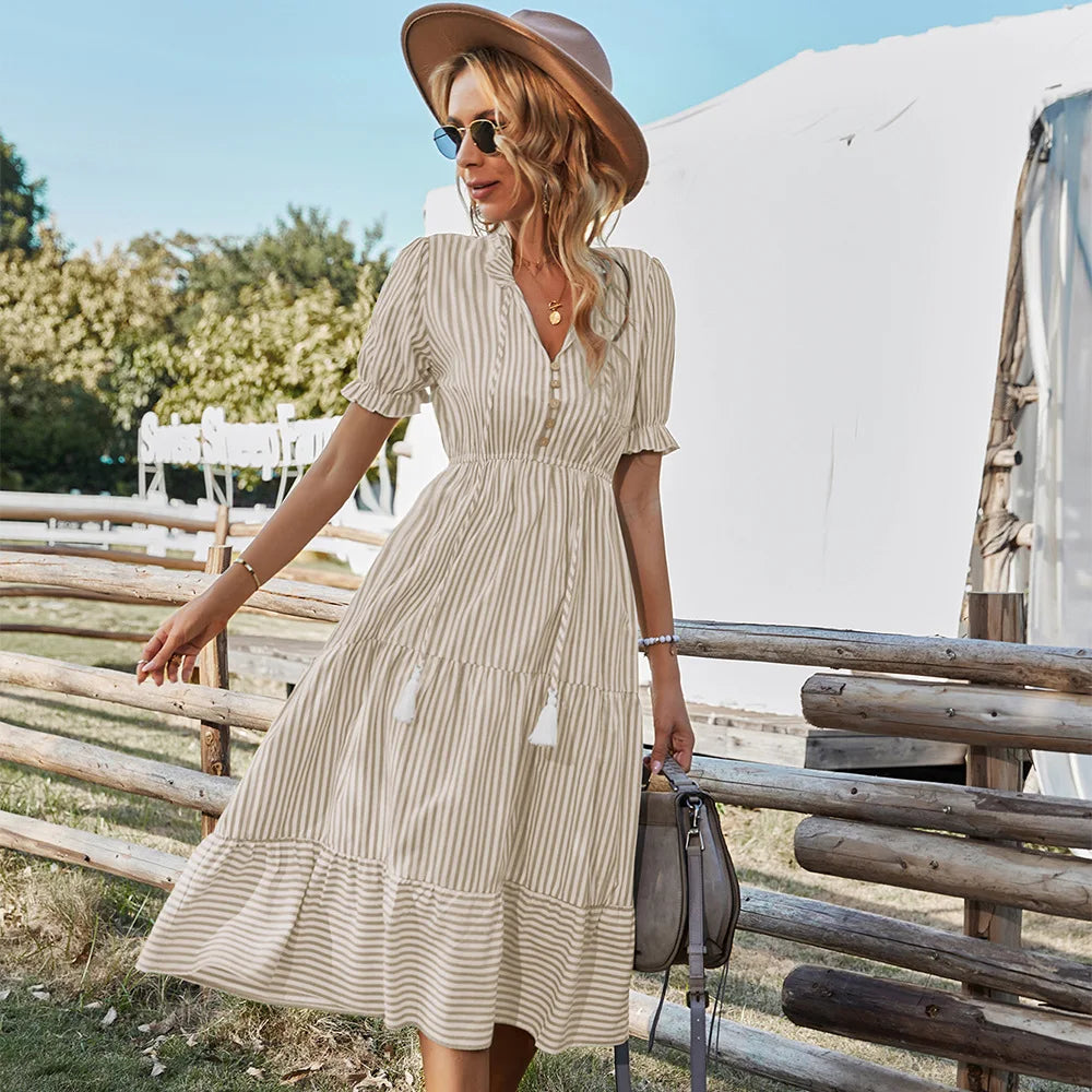 Striped Lantern Sleeve Midi Dress - V Neck Button Ruffle Summer Outfit
