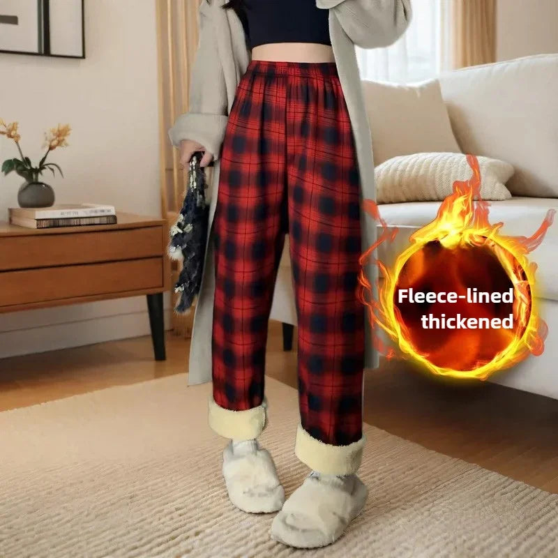 Fleece Lined Plaid Trousers - High Waisted Straight Winter Pants