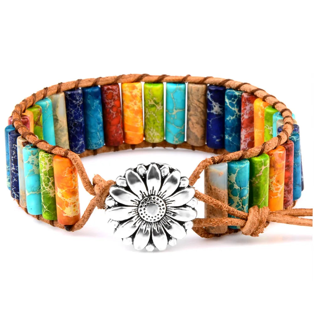 Multicolor Natural Stone Leather Wrap Bracelet - Tibetan Gypsy Bead Jewelry