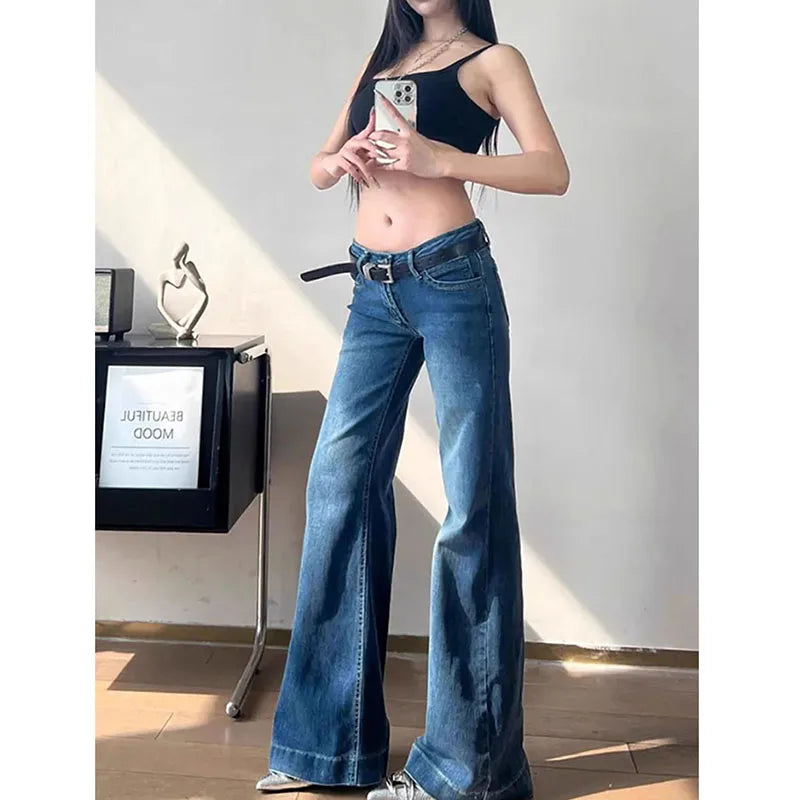 Low Waisted Y2K Flare Jeans - Slimming Korean Denim Pants
