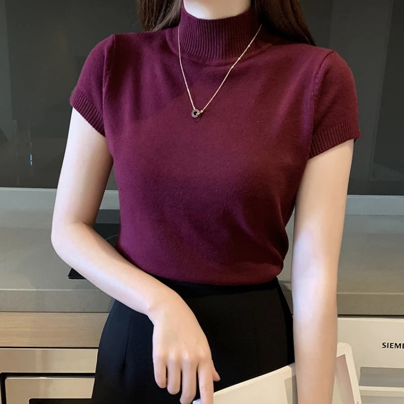 Half High Neck Stretch Top - Korean Solid Short Sleeve Shirt