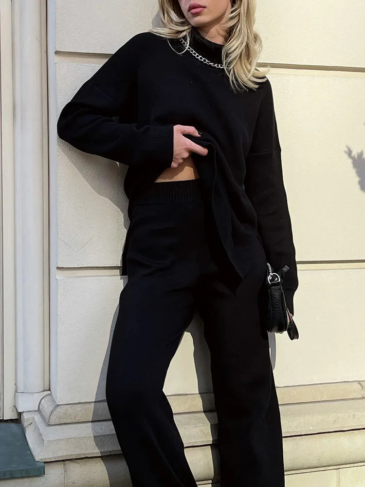 Side Split Turtleneck Sweater - Oversize Knitted Autumn Pullover