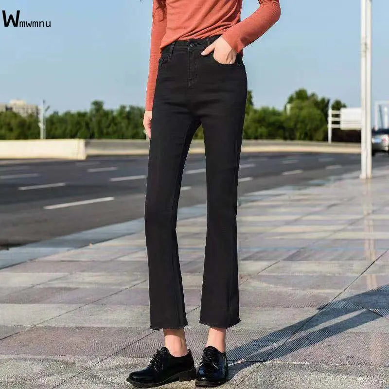 Slim Flare High Waist Jeans - Korean Ankle Length Stretch Denim