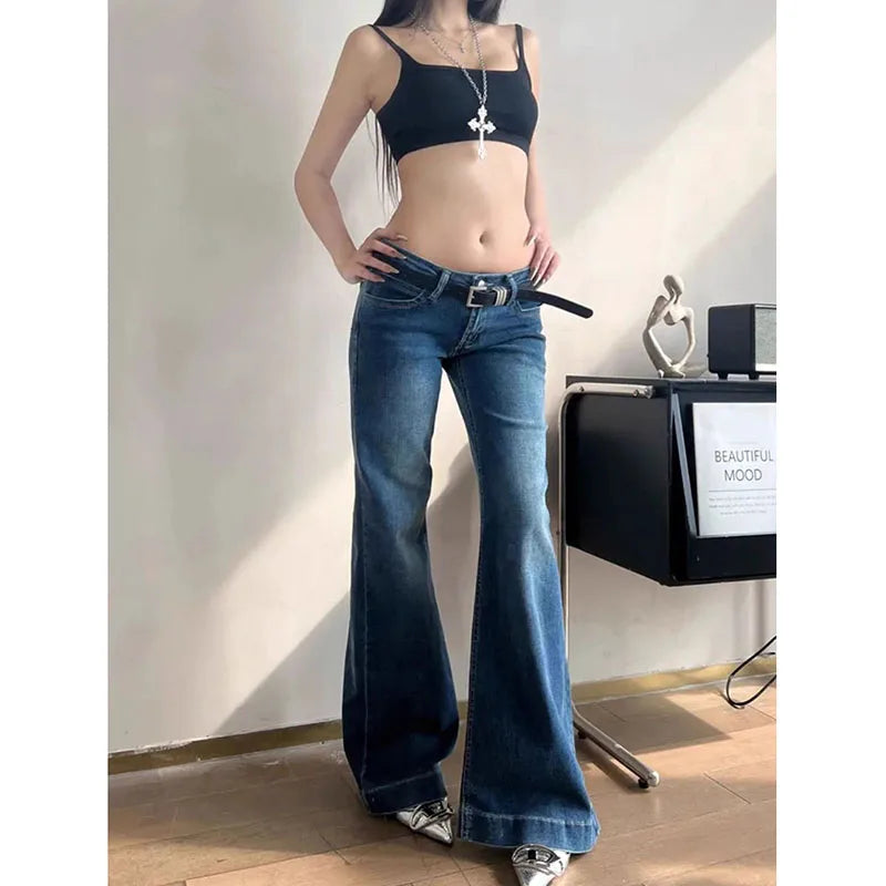 Low Waisted Y2K Flare Jeans - Slimming Korean Denim Pants