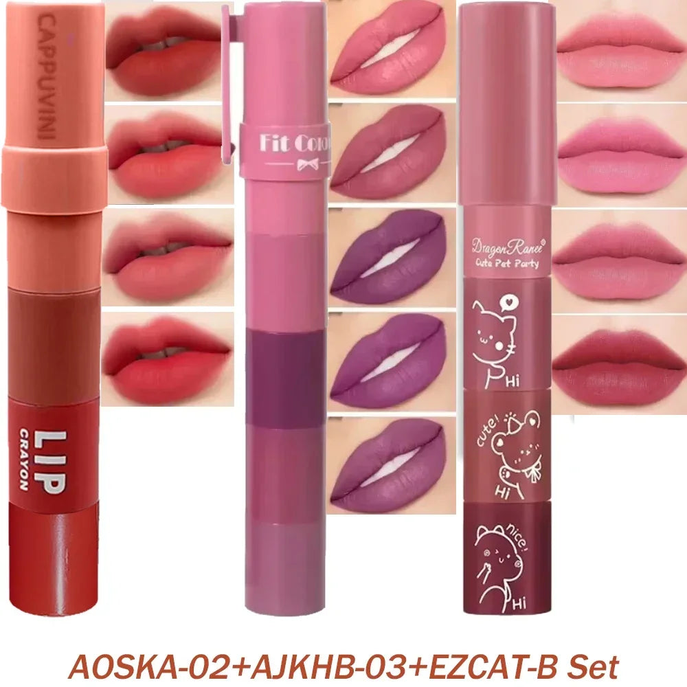 4-in-1 Matte Lipstick Crayon Kit - Waterproof Velvet Lip Color