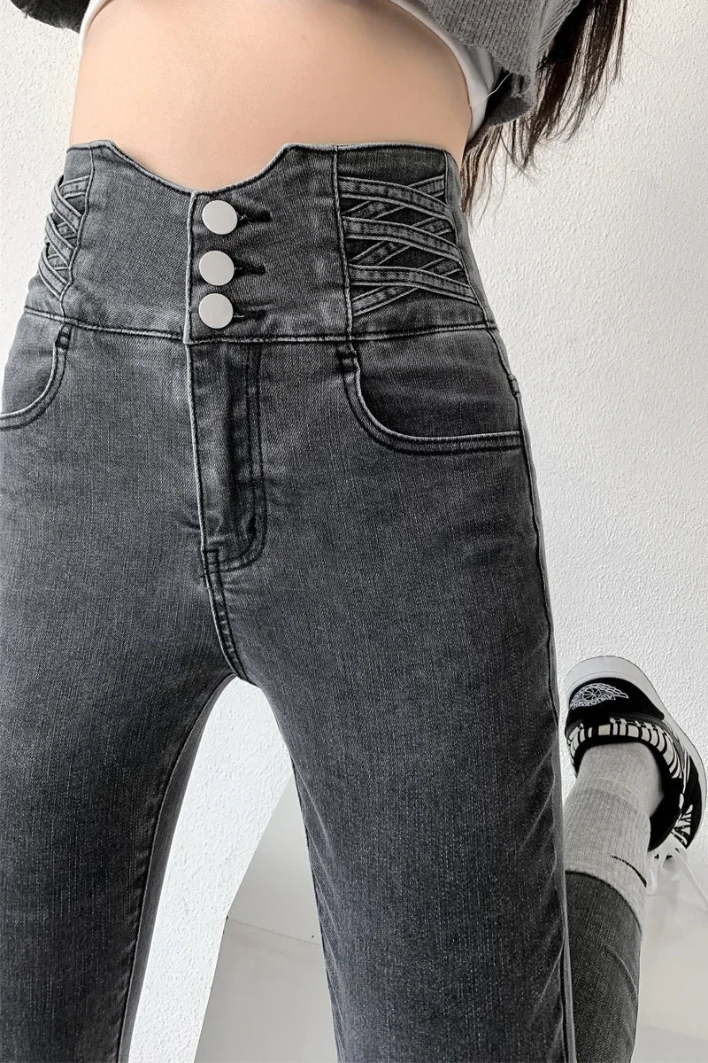 Four Button Skinny Pencil Jeans - Vintage High Waist Stretch Denim
