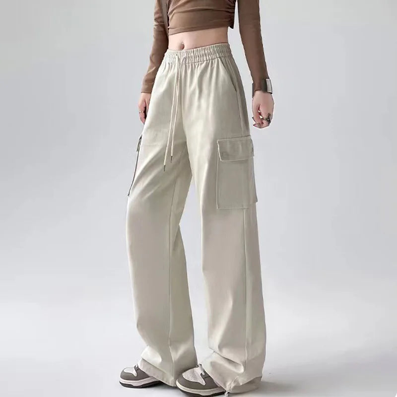 Big Pocket Wide Leg Cargo Pants - Elastic Waist Street Trousers