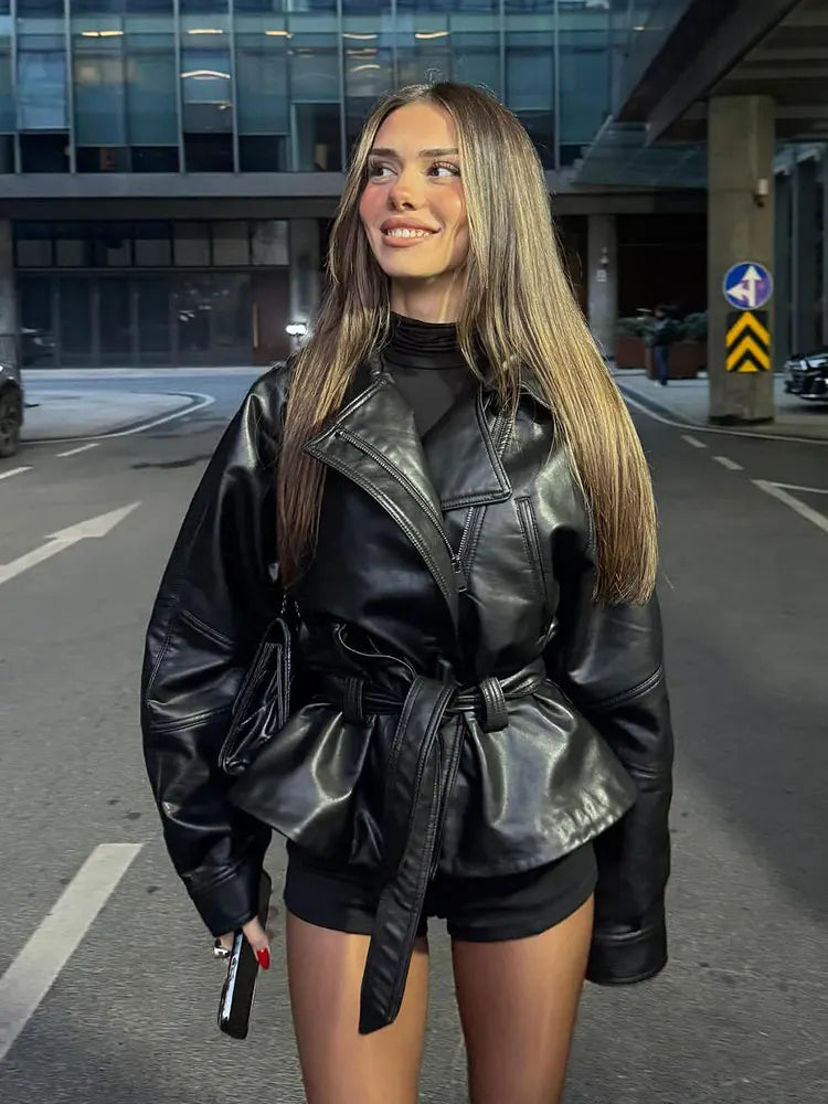 Faux Leather Belted Trench Jacket - Short Motorcycle Style Coat