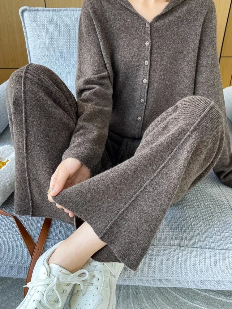 Knitted High Waist Wide Leg Pants - Autumn Winter Straight Trousers