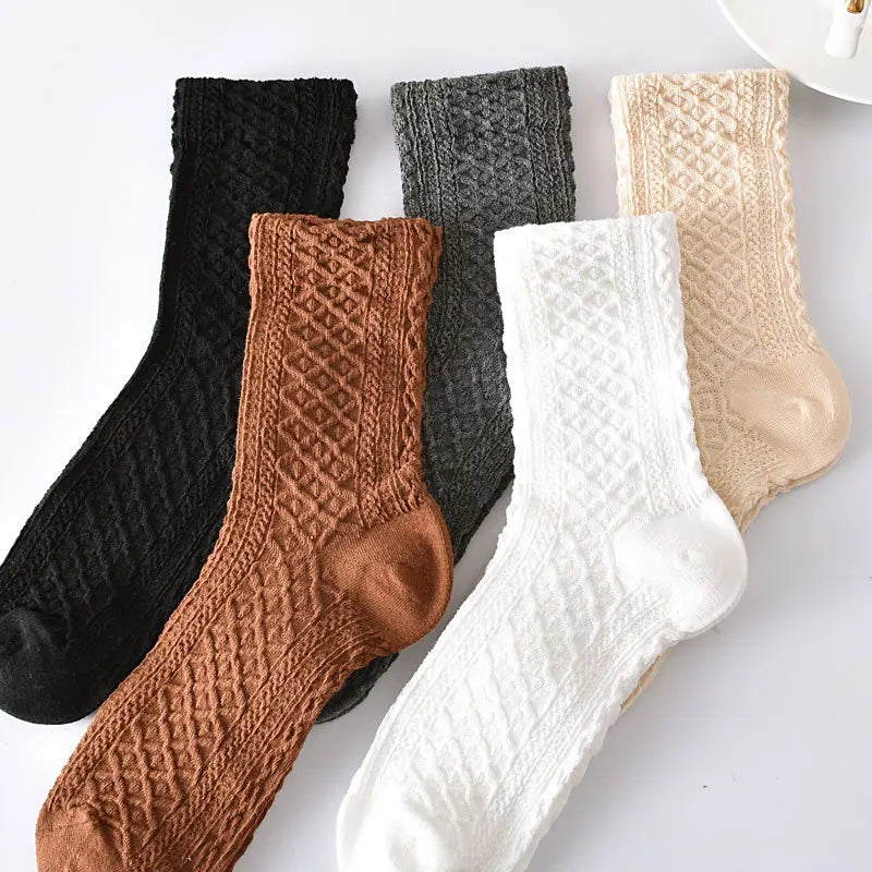 Floral Embossed Knit Socks - Retro Harajuku 5 Pair Style