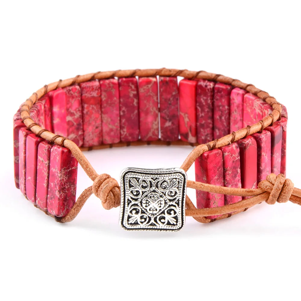 Multicolor Natural Stone Leather Wrap Bracelet - Tibetan Gypsy Bead Jewelry