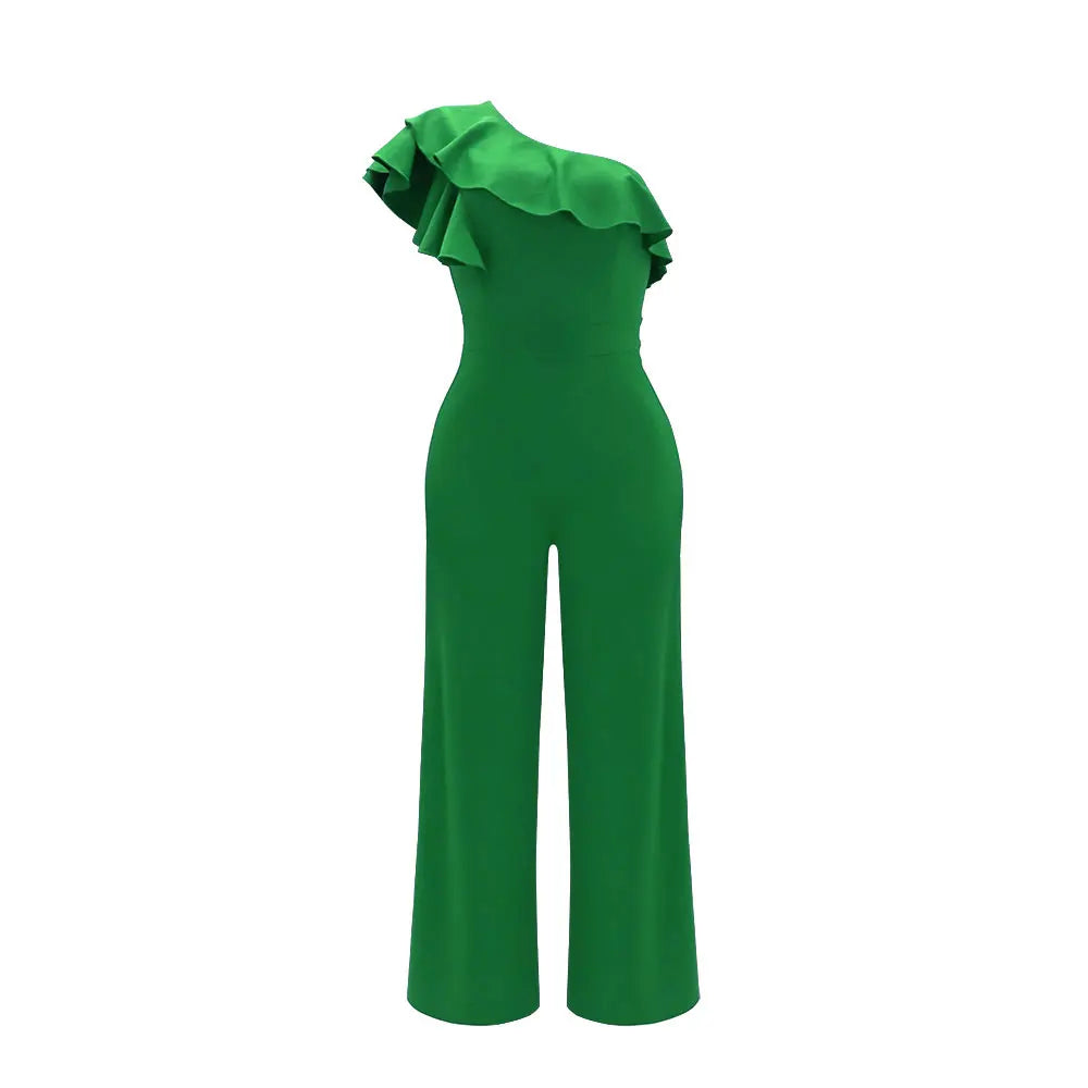 Ruffle One Shoulder Jumpsuit - Solid Spring Summer Statement Outfit