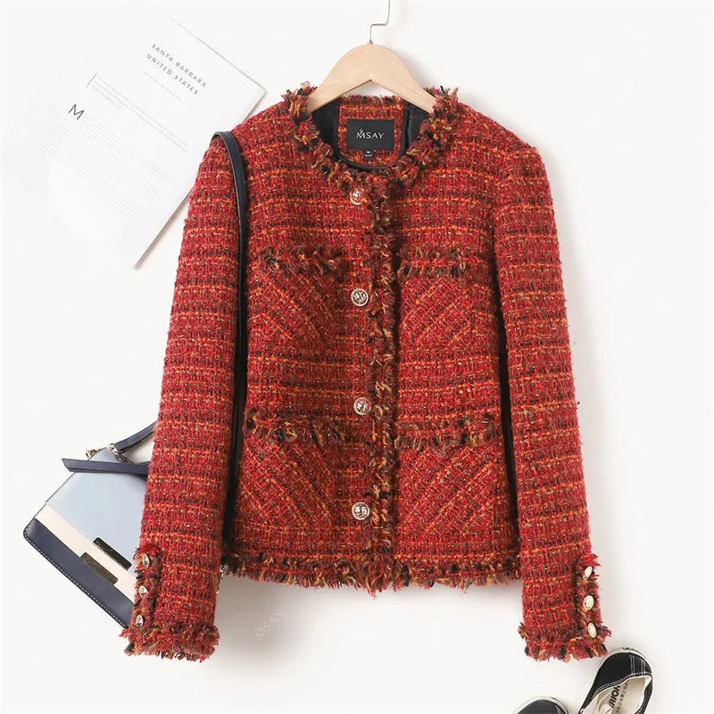 Red Tweed Short Jacket - Thick Slim French Style Outwear