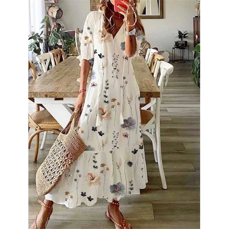 Bohemian Floral V Neck Maxi Dress - Drawstring Beach Vacation Outfit