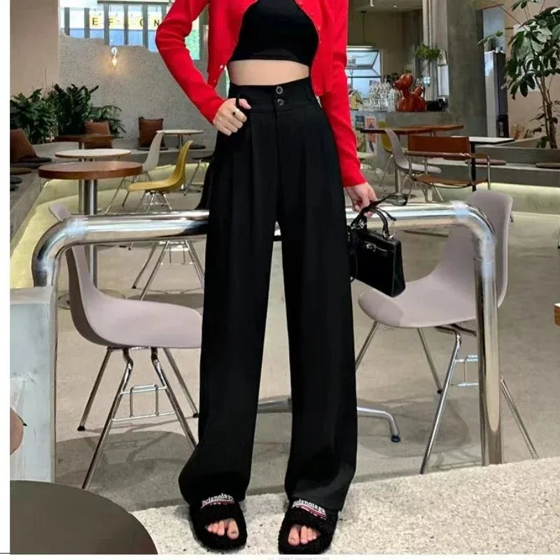Korean High Waist Wide Leg Suit Pants - Office Streetwear Trousers