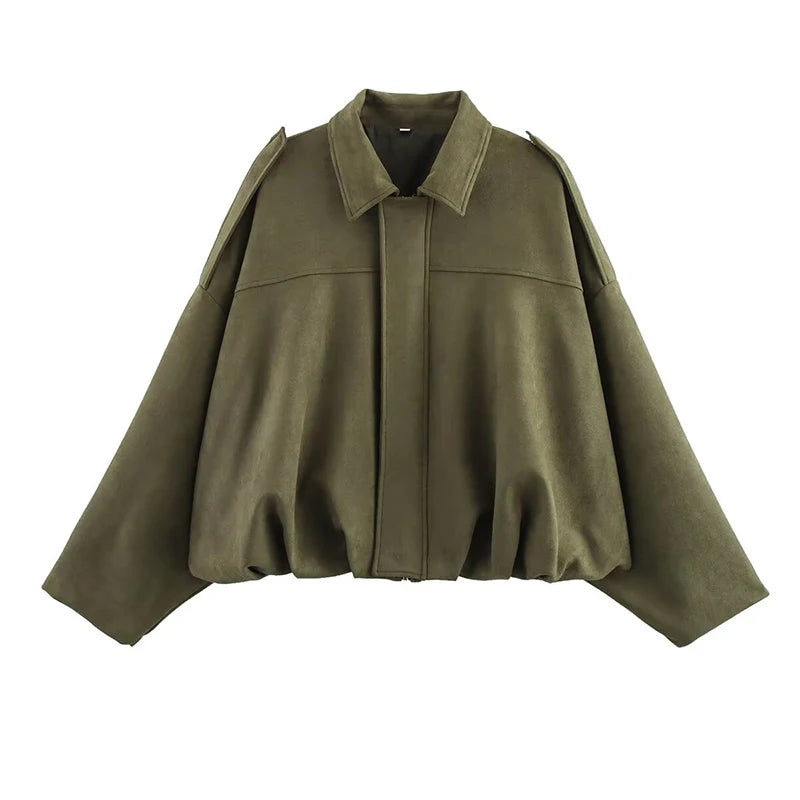 Suede Textured Bomber Jacket - Loose Lapel Casual Outerwear