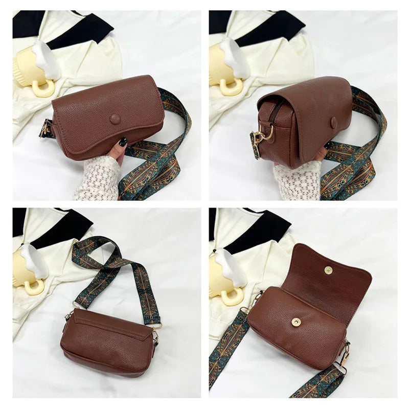 Wide Strap PU Leather Crossbody Bag - Small Flap Shoulder Purse