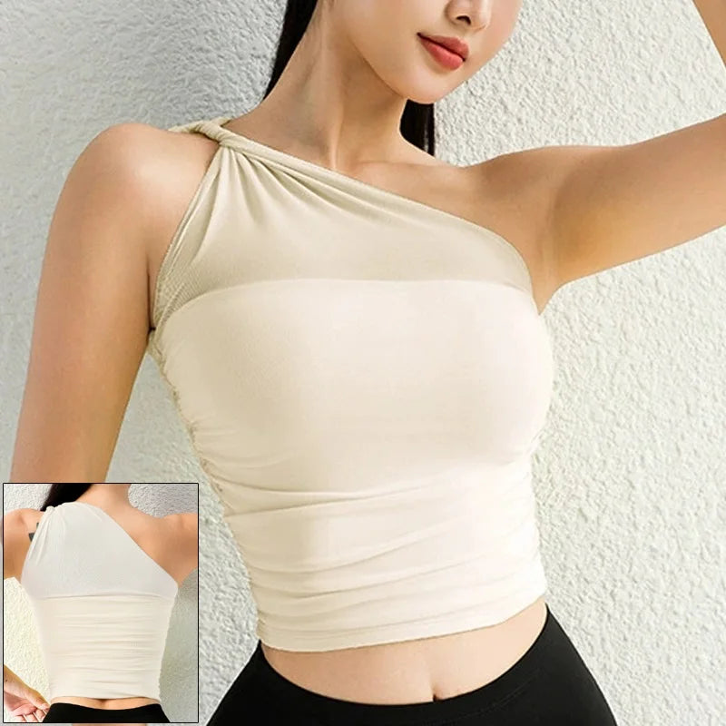 One Shoulder Yoga Sports Bra - Wire Free Push Up Crop Top